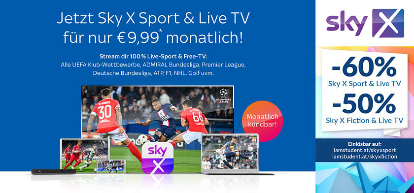 -60% auf Sky X Sport & Live TV -50% auf Sky X Fiction & Live TV