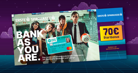 Mit dem Erste Bank und Sparkasse Studierendenrabatt aus dem neuen Gutscheinheft staubst du richtig ab! Eröffne online dein GRATIS-Studierendenkonto mit tollen Benefits und erhalte 70€ Startbonus on top!