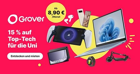 Miete Top-Tech mit Grover günstiger, z.B. iPhone-Modelle, Spielekonsolen, Notebooks, Scooter oder Smart Home-Gadgets! Schnapp deinen Studentenrabatt und spare jeden Monat 15% - egal, wie lange du mietest, auch auf reduzierte Artikel anwendbar!