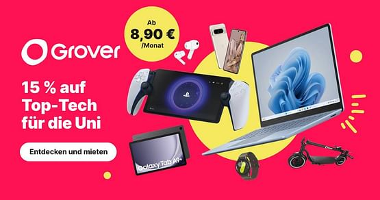 Miete Top-Tech mit Grover günstiger, z.B. iPhone-Modelle, Spielekonsolen, Notebooks, Scooter oder Smart Home-Gadgets! Schnapp deinen Studentenrabatt und spare jeden Monat 15% - egal, wie lange du mietest, auch auf reduzierte Artikel anwendbar!