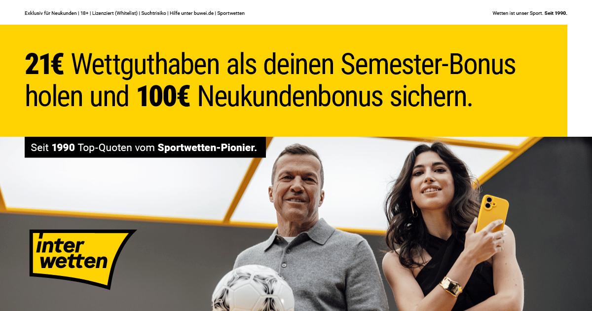 Registriere dich und sichere dir deinen 100% bis 100€ Neukundenbonus + 21€ Wettguthaben