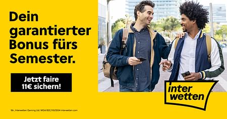Bei Interwetten erlebst du Sportwetten zu Top-Quoten! Hol dir mit unserem Studentenrabatt von Interwetten 11€ Wettguthaben und die extra Portion Spannung für jedes Sportevent!