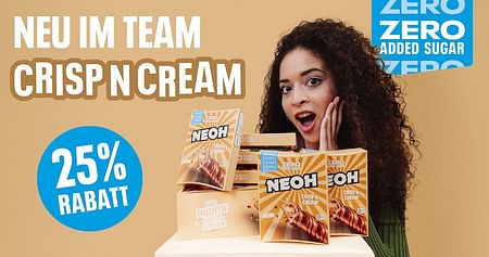 Der CRISP N CREAM ist der neue Stern am NEOH-Himmel: Knusprige Waffel gefüllt mit luftiger Haselnusscreme, überzogen mit zarter Schokolade  – und natürlich mit ZERO Added Sugar! Hol dir jetzt 25% Rabatt, egal ob auf das 3er oder 20er Pack!