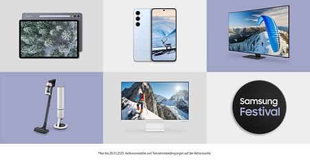 Mit diesem Knaller-Angebot von Samsung sparst du jetzt noch mehr: Gönn dir während des Samsung Festivals hammergute Nachlässe auf Technik-Highlights in den Kategorien Smartphones, TVs und Hausgeräte! Aber nur bis 28. Januar.