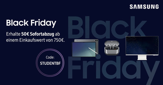 #blackfriday #cyberweek Mit dem Code STUDENTBF erhältst du im Samsung Student Shop nochmal 50€ Rabatt ab einem Einkaufswert von 750€. Entdecke laufend die neue Produkte zum Black Friday Preis mit bis zu -60% und erhalte deinen Zusatzrabatt on top!