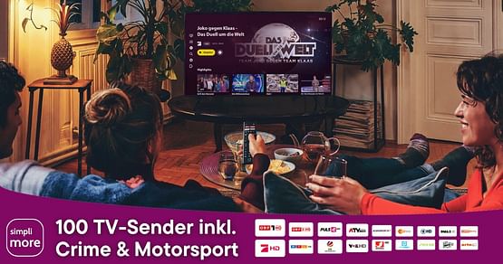Volle Unterhaltung statt 12,90€ um nur 8,90€ mtl. – ohne Bindung! Hol dir mit simpli more 100 TV-Sender mit 31% Rabatt und entdecke die neue Crime- und Motorsport-Welt in der simpliTV App! Inkl. Zurückspulen, Pausieren, 7-Tage-Replay & Aufnehmen.