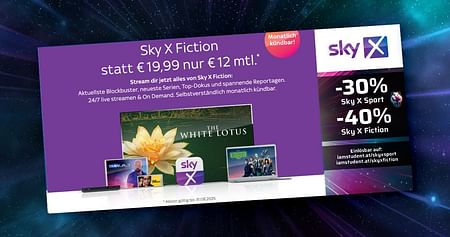 Du willst die besten Serien, aktuellsten Blockbuster, Reportagen, Top-Dokus und on top Free-TV? Bei Sky X Fiction & Free TV streamst du mit Studentenrabatt aus dem neuen Gutscheinheft für nur 12€ / Monat – monatlich kündbar*!