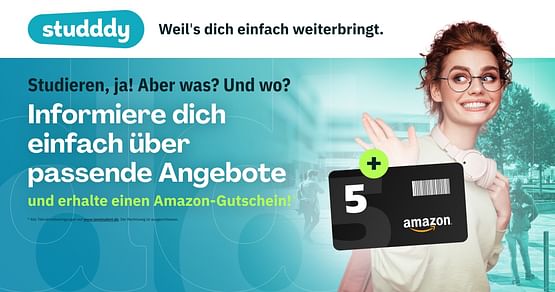 Doppelter Vorteil für dich: Informiere dich supereinfach und schnell über passende Studiengänge auf studddy - der Plattform für Weiterbildungen - und erhalte on top einen 5€ Amazon-Gutschein! 