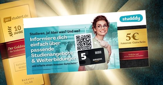 Doppelter Vorteil für dich: Informiere dich supereinfach und schnell über passende Studiengänge auf studddy - der Plattform für Bildungsangebote - und erhalte mit Gutschein aus dem aktuellen Gutscheinheft on top einen 5€ Amazon-Gutschein! 