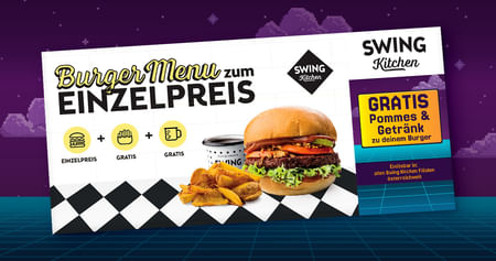 Mit Studentenrabatt aus dem neuen Gutscheinheft bekommst du bei Swing Kitchen zur Burgerbestellung Pommes und ein Getränk kostenlos dazu! Dein veganes Lieblingsrestaurant gibts aktuell in Wien, Innsbruck und Graz.