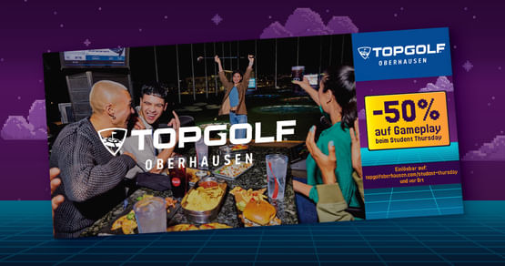 Topgolf kombiniert high-tech Spiel mit Spaß, Essen und Musik – dank Mikrochip-Bällen wird jeder Abschlag zum Spiel und Erlebnis für dich und deine Freunde. Mit Studentenrabatt aus dem neuen Gutscheinheft gibts -50% auf Gameplay beim Student Thursday!