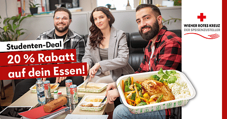 Bestelle auf speisenzusteller.at des Wiener Roten Kreuzes und gönn dir jedes Mal 20% Studentenrabatt auf über 120 verschiedenen Speisen! Einfach, bequem und gesund – schon ab 5,70€/Portion! Kein Abo und immer mit gratis Zustellung.