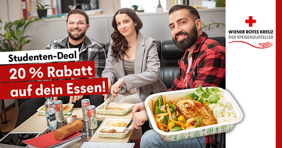 Bestelle auf speisenzusteller.at des Wiener Roten Kreuzes und gönn dir jedes Mal 20% Studentenrabatt auf über 120 verschiedenen Speisen! Einfach, bequem und gesund – schon ab 5,70€/Portion! Kein Abo und immer mit gratis Zustellung.