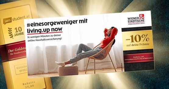 #einesorgeweniger mit living.up bzw. living.up now - deinen Online-Haushaltsversicherungen der Wiener Städtischen! Mit Studentenrabatt aus dem aktuellen Gutscheinheft bekommst du jetzt 10% Nachlass auf die Prämie.