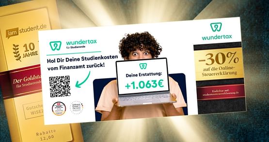 Einfach, schnell und sicher - bei Wundertax kannst du über 1.000€ Steuererstattung zurückbekommen! Spar jetzt außerdem mit Studentenrabatt aus dem neuen Gutscheinheft 30% auf deine Steuerklärung!